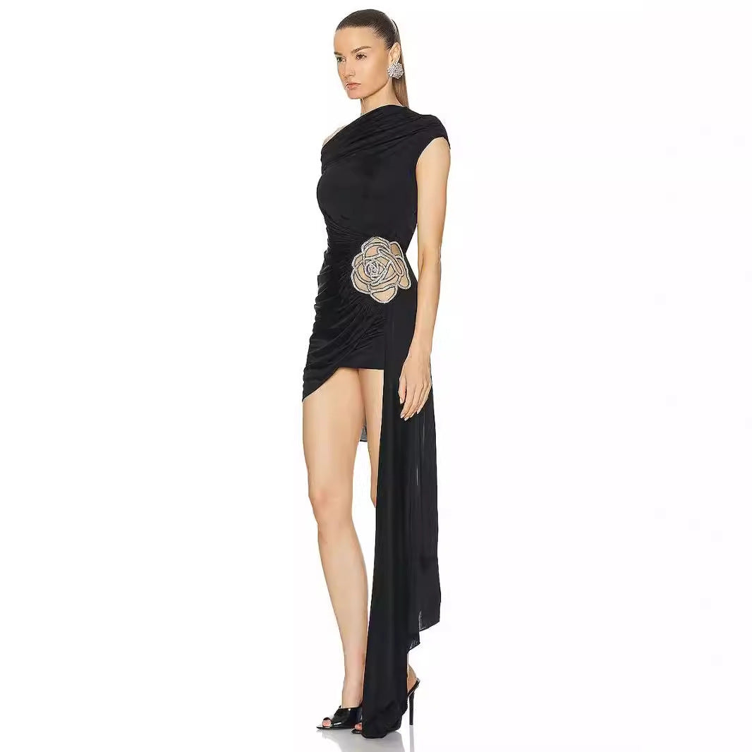 One-Shoulder Ruched Mini Dress with Embellishment - Chiccharm