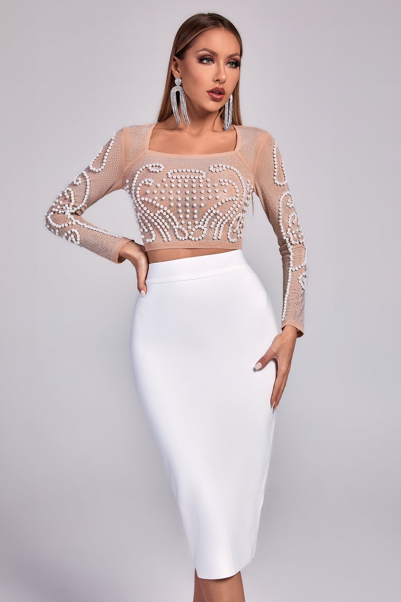 Embellished Sheer Crop Top and Sleek Pencil Skirt Set - Chiccharm