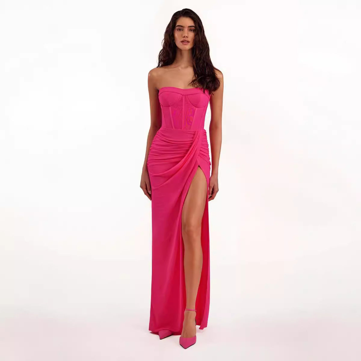 Draped Bustier Maxi Dress with Thigh-High Split - Chiccharm