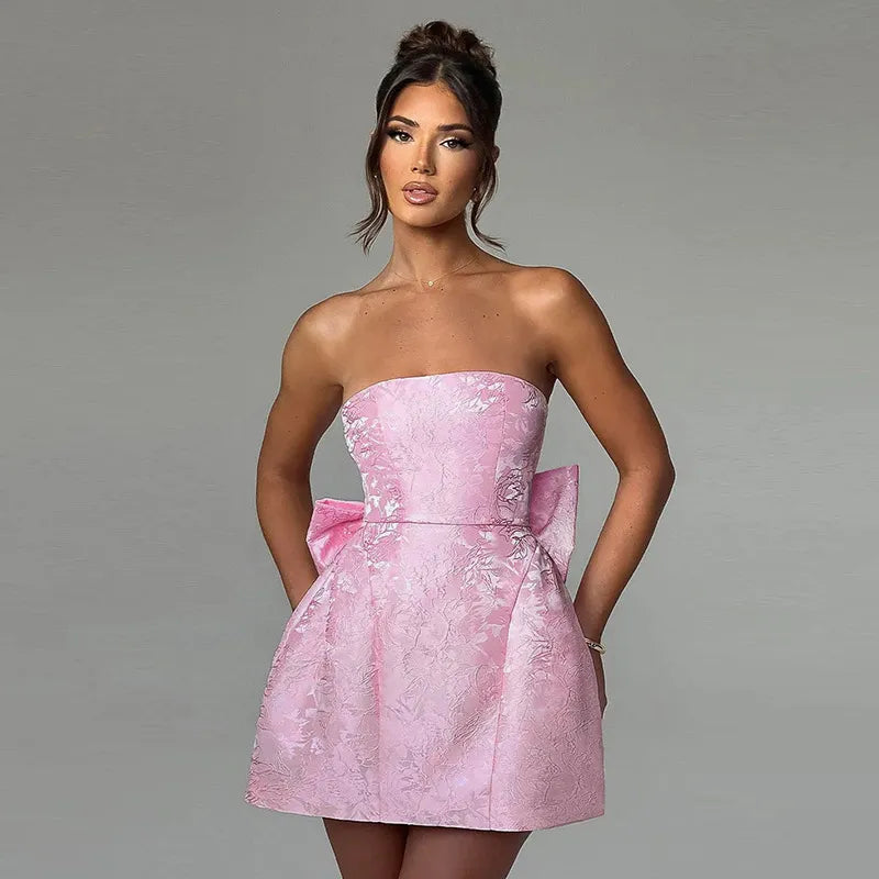 Jacquard Strapless Mini Dress with Bow Detail - Chiccharm