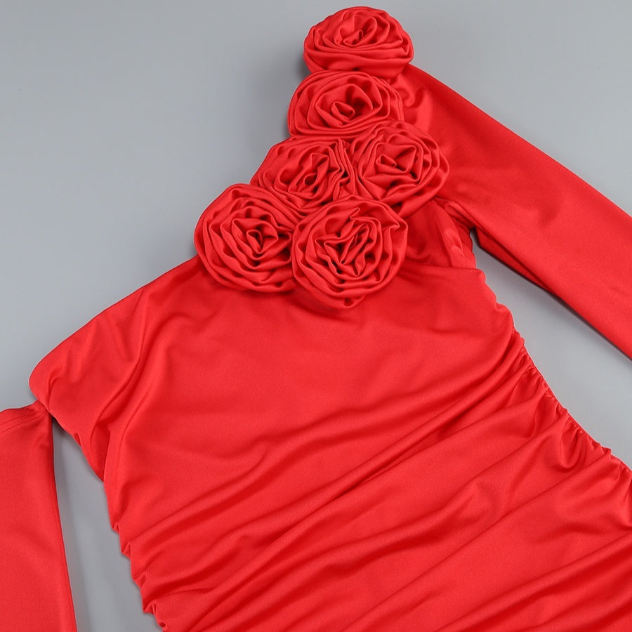 3D Flower Long Sleeved Red Dress