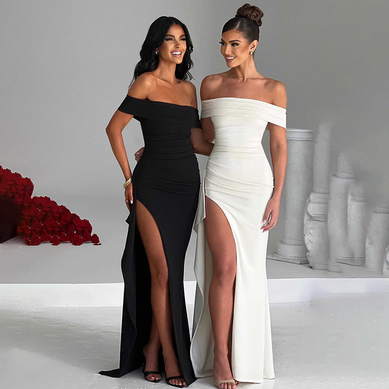 Off-Shoulder Ruched Slit Evening Gown - Chiccharm