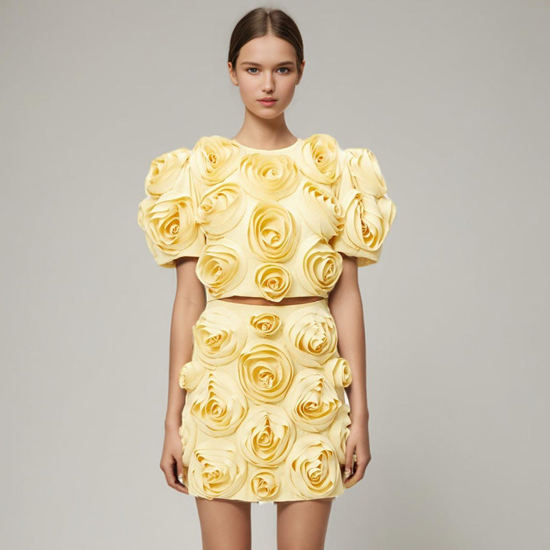 3D Floral Appliqué Puff-Sleeve Crop Top and Skirt Set - Chiccharm