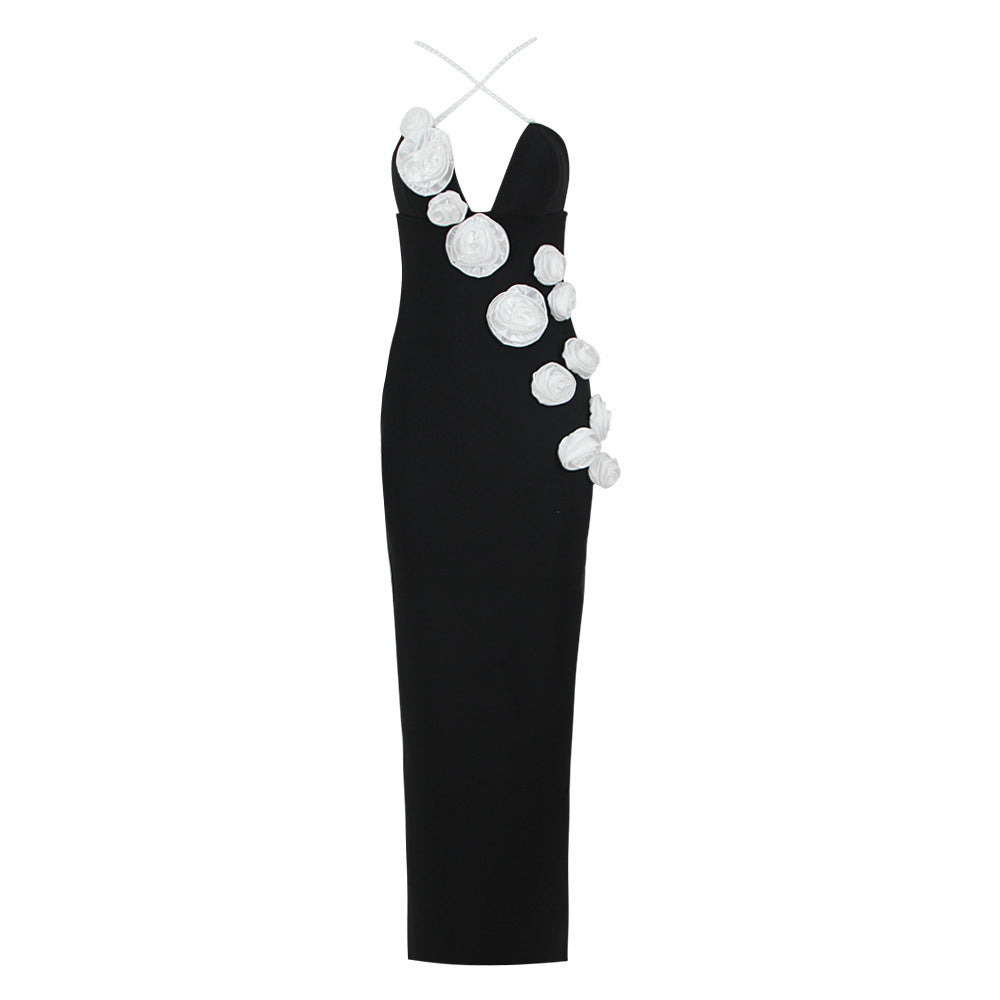Pearl Suspender Flowers Slit Dress