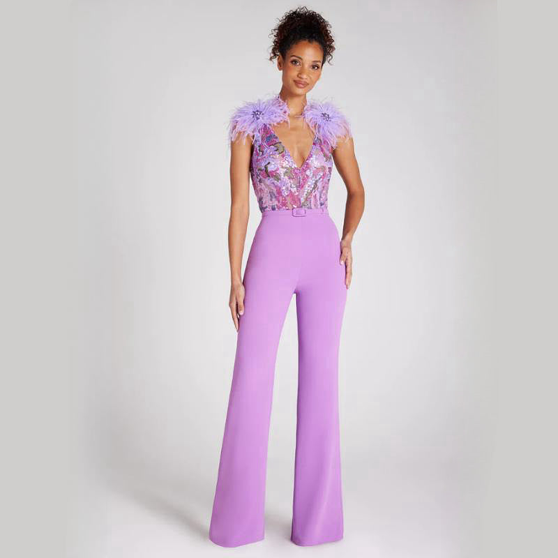Sequin Embellished Feather Shoulder Jumpsuit