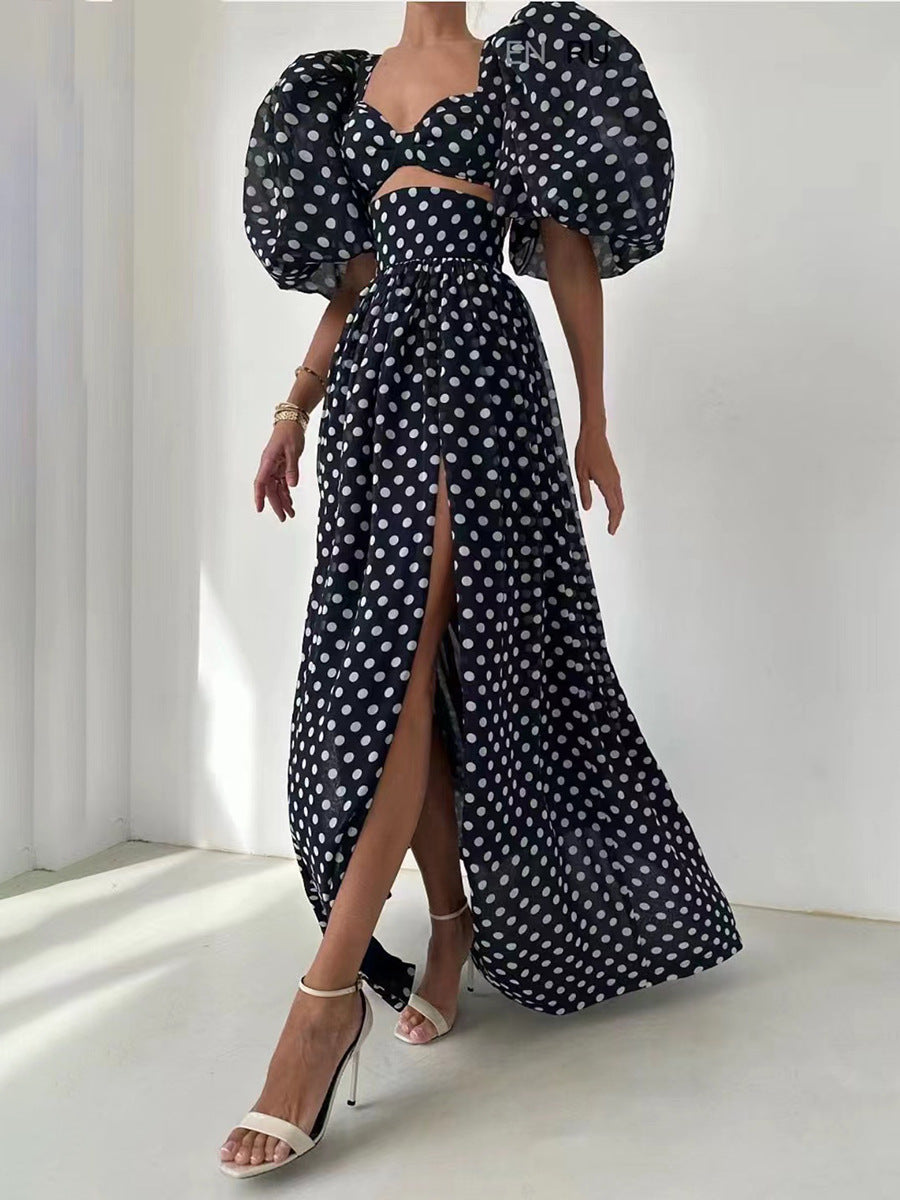 Square-neck Puff Sleeve Polka Dot Dress Suit - Chiccharm