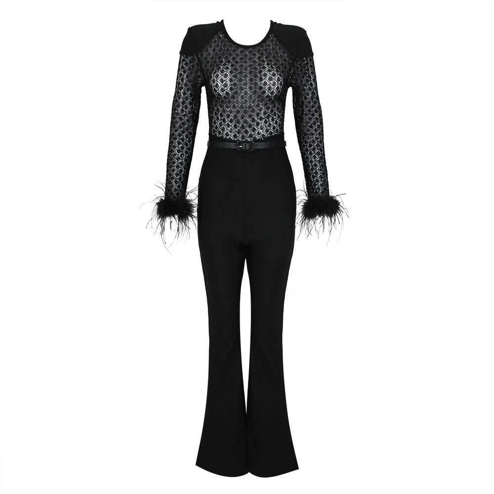 Lace Feather Sequins Bandage Jumpsuit