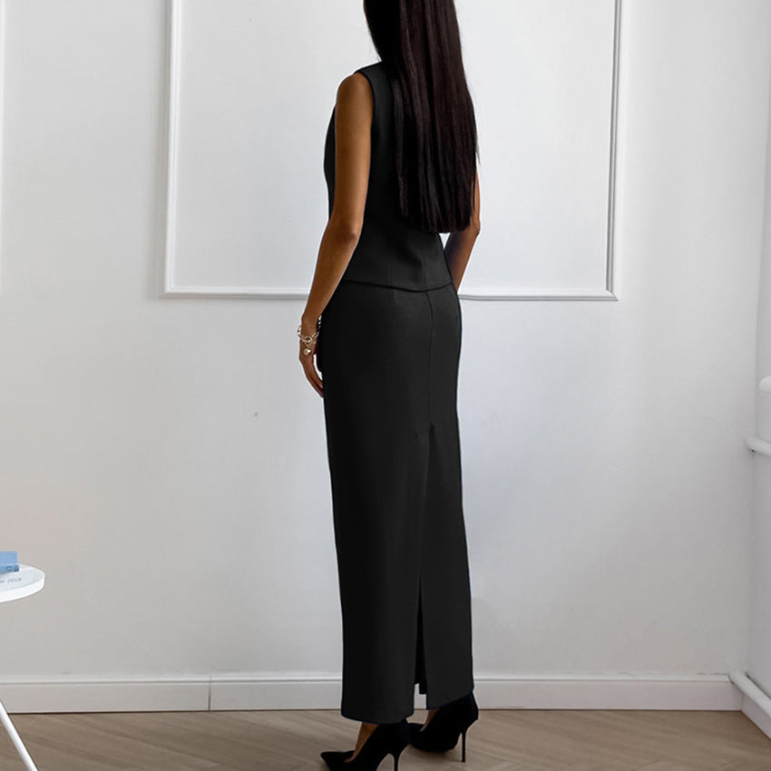 Sleeveless Buttoned Long Skirt Suit - Chiccharm