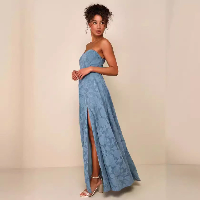 Strapless Embroidery Dress with Front Slit - Chiccharm