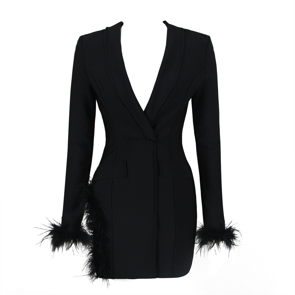 Feather Trim Long Sleeve Blazer Dress