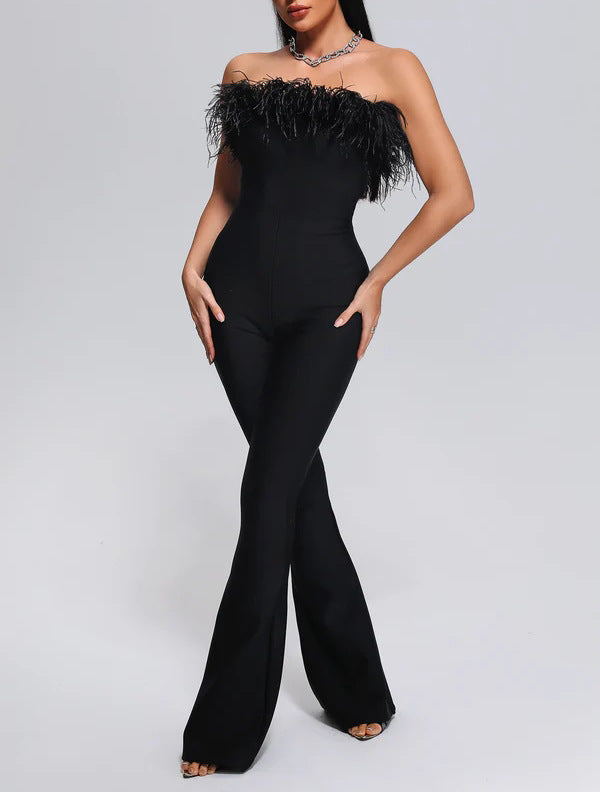Strapless Feather Trim Fitted Jumpsuit