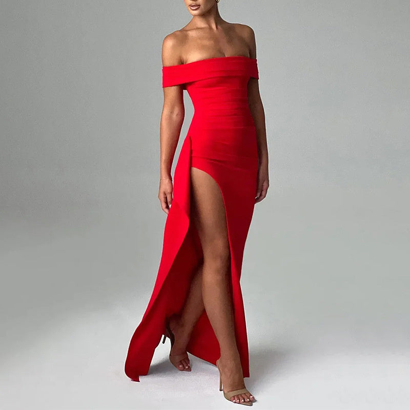 Off-Shoulder Ruched Slit Evening Gown - Chiccharm