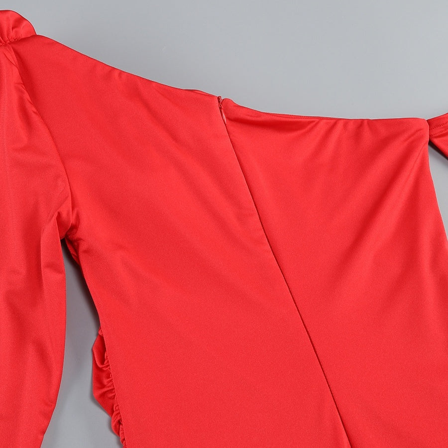 3D Flower Long Sleeved Red Dress