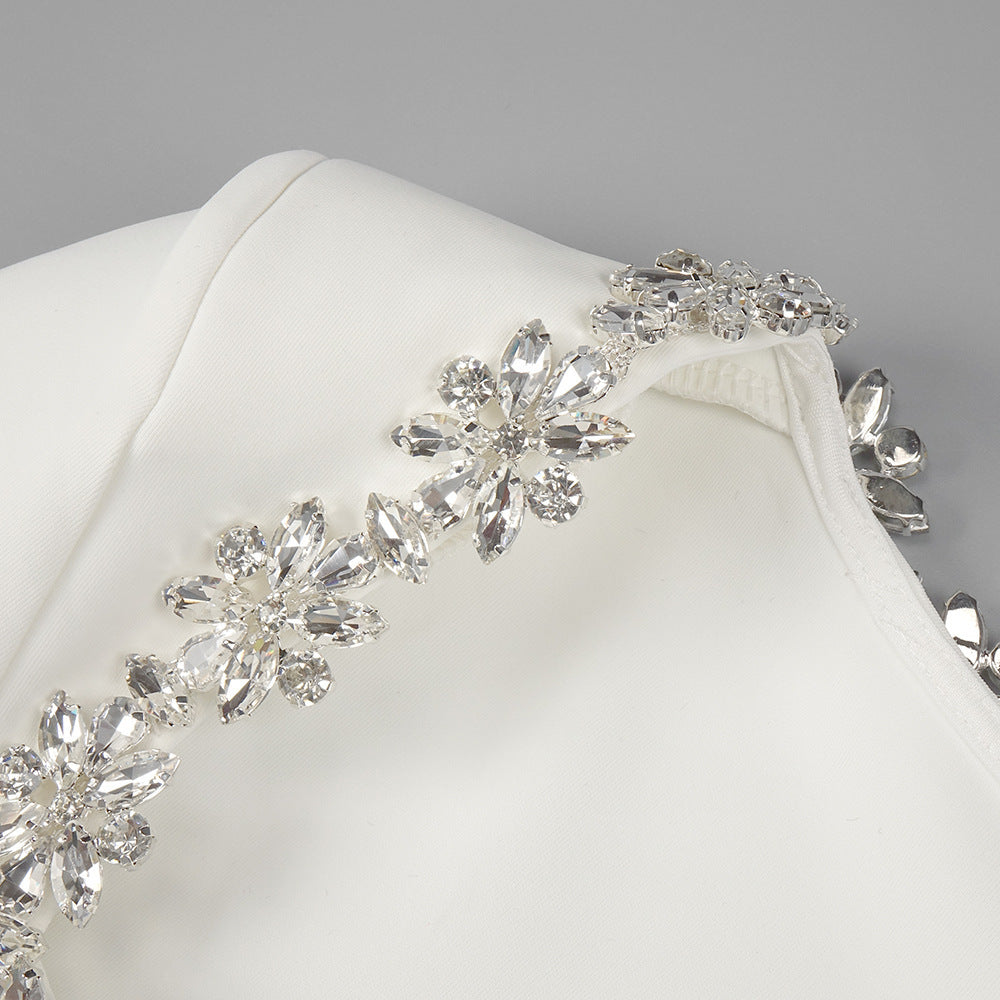 Crystal Trim Square Neck White Dress