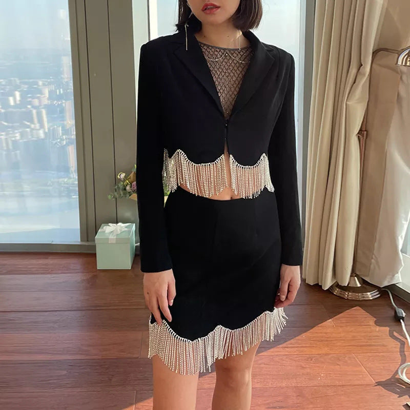 Tailored Blazer and Embellished Mini Skirt Temperament Suit - Chiccharm