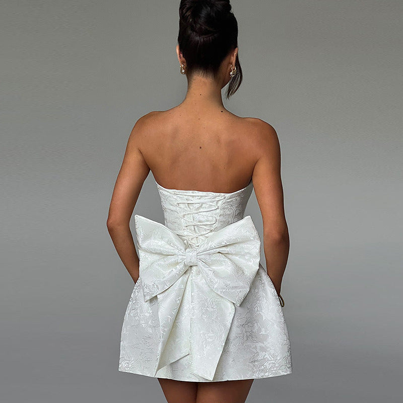 Jacquard Strapless Mini Dress with Bow Detail - Chiccharm