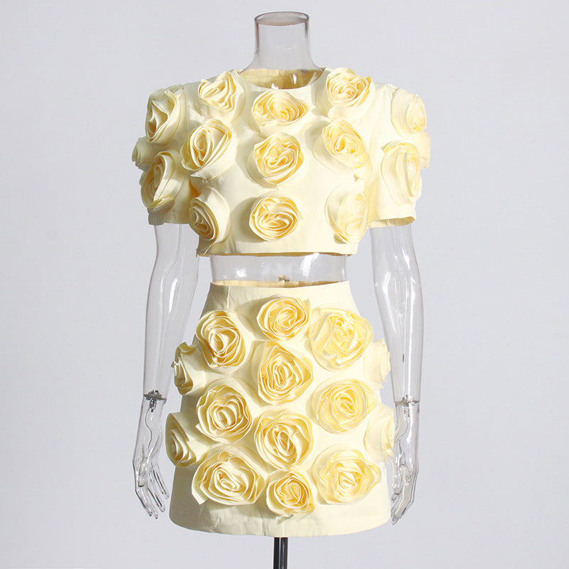 3D Floral Appliqué Puff-Sleeve Crop Top and Skirt Set - Chiccharm