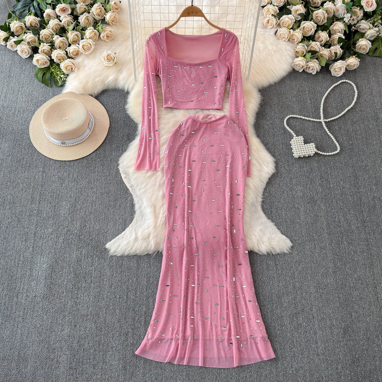 Sparkling Long-Sleeve Crop Top and Maxi Skirt Ensemble - Chiccharm
