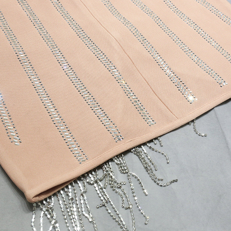 Strapless Fringe Detail Beaded Dress