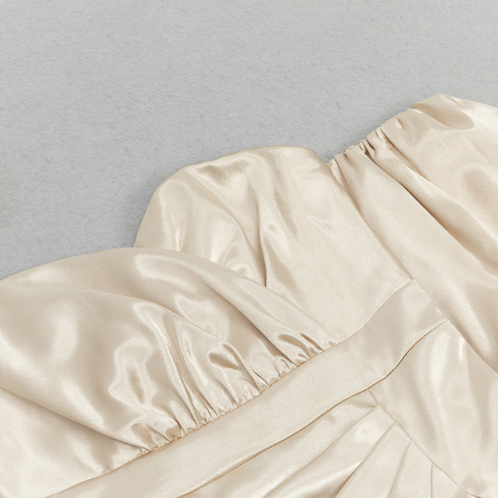 Off-Shoulder Satin Ruched Midi Dress - Chiccharm