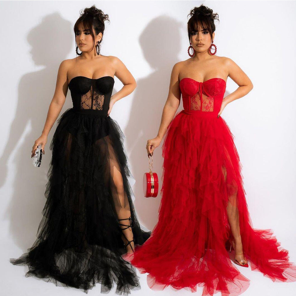 Strapless Lace Corset Tulle Dress with Slit - Chiccharm