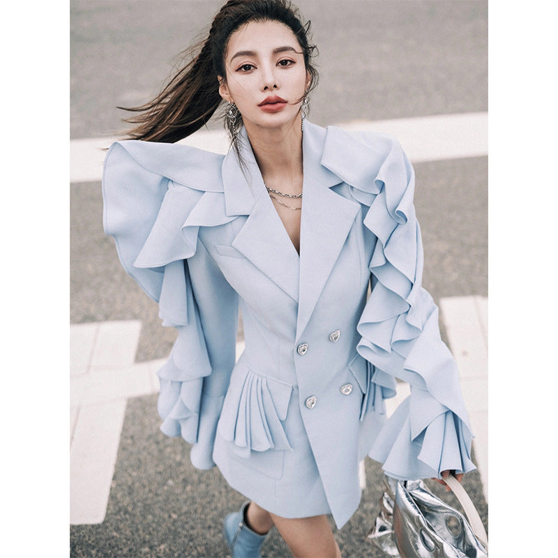 Statement Ruffle-Sleeve Double-Breasted Blazer Dress - Chiccharm